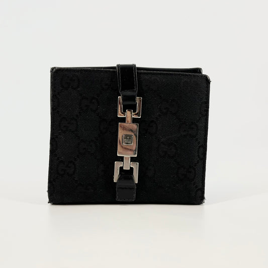 GUCCI VINTAGE JACKIE SMALL BI-FOLD PURSE GG CANVAS AND LEATHER BLACK