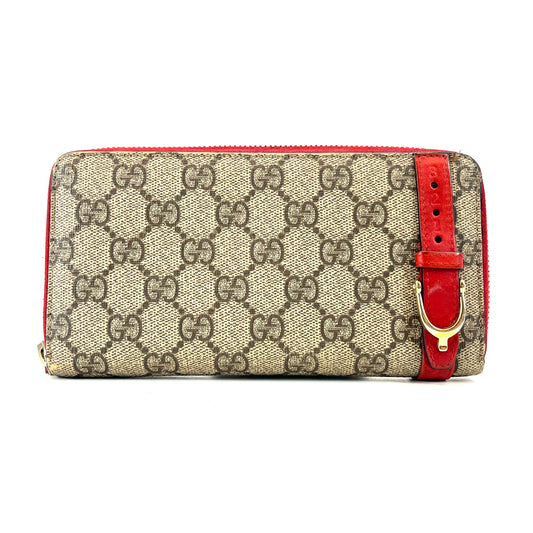 Gucci Long Zip Around Wallet GG Supreme Coated Canvas/Red Leather
